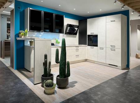 Moderne weiße Küche mit blauen Akzenten, großer Kaktusdeko und Einbaugeräten auf hellem Holzboden.